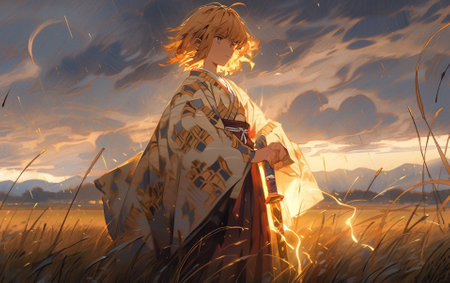 3D rendering of a japanese samurai in a wheat fieldの写真素材