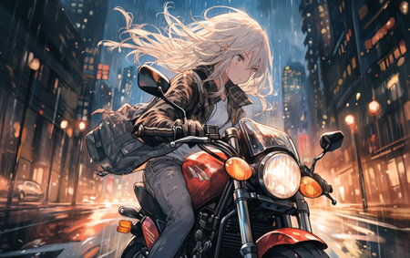 Beautiful blonde girl on a motorcycle in the city at night.の写真素材
