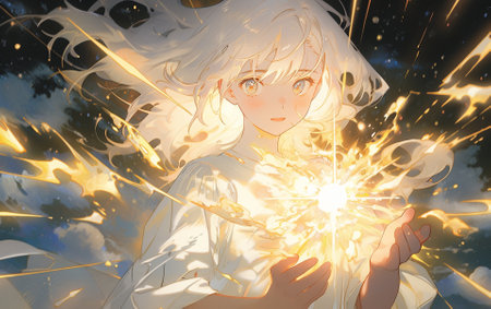 A beautiful girl with a magic firework in her hands. 3d renderingの素材