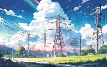 High-voltage power lines against the background of a beautiful landscapeの素材