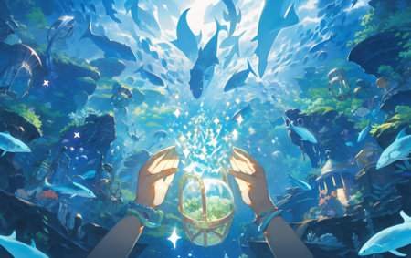 Underwater world with different fish and marine life. 3d renderingの素材