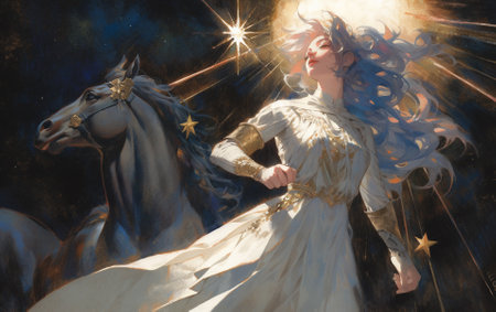 Beautiful young woman in a white dress with a horse. Digital painting.の素材