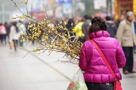 CHENGDU - FEB 7: A woman holding a bouquet of plum flower walking on the busy pedestrian shopping street in downtown during chinese new year on Feb 7, 2011 in Chengdu, China.のeditorial素材