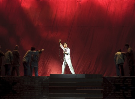 CHENGDU - JUN 7: Chinese Yue opera performer make a show on stage to compete for awards in 25th Chinese Drama Plum Blossom Award competition at Shengge theater.Jun 7, 2011 in Chengdu, China.Chinese Drama Plum Blossom Award is the highest theatrical awardのeditorial素材