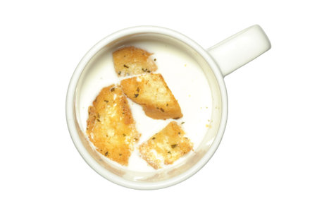 closeup of delicious bread croutons in milkの写真素材