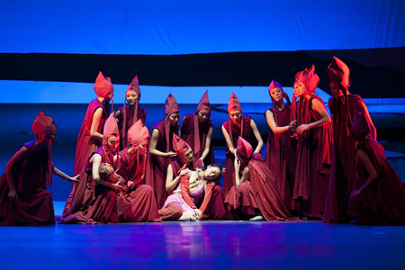 CHENGDU - MAY 25: Chinese Modern Dance Drama Red Army flower perform on stage at Xinan theater on...