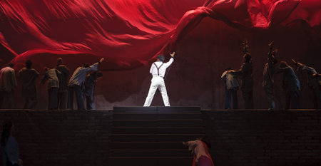 CHENGDU - JUN 7: Chinese Yue opera performer make a show on stage to compete for awards in 25th Chinese Drama Plum Blossom Award competition at Shengge theater.Jun 7, 2011 in Chengdu, China.Chinese Drama Plum Blossom Award is the highest theatrical award のeditorial素材