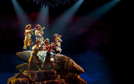 CHENGDU - OCT 17: Chinese Tibetan national singers perform folk song on stage at JINCHENG theater on...