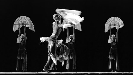 CHENGDU - DEC 13: Chinese modern dancers perform group dance on stage at JINCHENG theater in the 7th national dance competition of china on Dec 13,2007 in Chengdu, China.のeditorial素材