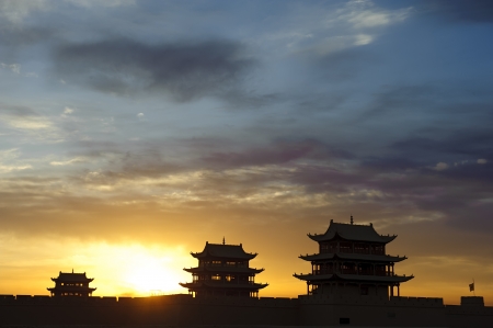 Sunrise of the Jiayuguan Pass Tower in GanSu,Chinaのeditorial素材