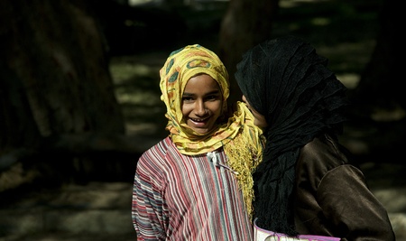ALEXANDRIA - JAN 27: arab girls walking in the street at Alexandria.Jan 27,2013 in Alexandria,Egypt.のeditorial素材