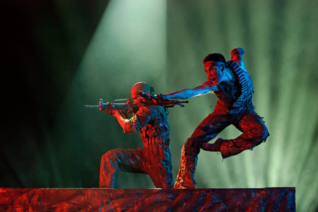 CHENGDU - DEC 12: modern duo dance performed by Warrior art Troupe at JINCHENG theater in the 7th...