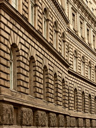 Fragment of wall with windows of an ancient buildingの写真素材