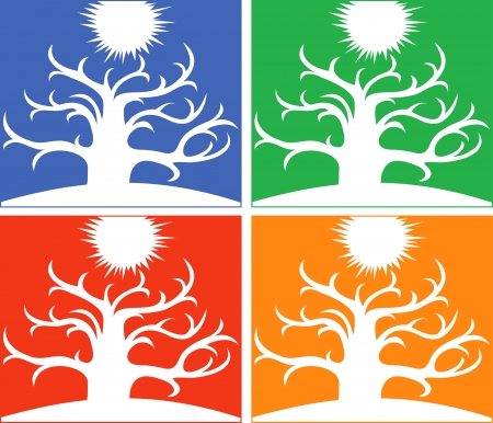 Four different colors vector illustration symbolizing the four seasons. Large wide tree and the sun in the skyのイラスト素材