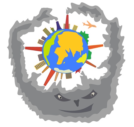 Smoke that produces humankind threatens to Earth  Cartoon illustration of ecological conceptのイラスト素材