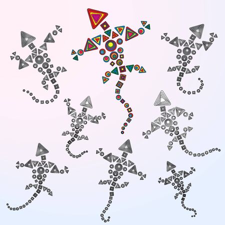 One colorful and six gray dragons illustrationのイラスト素材