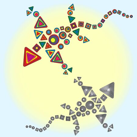 Colorful and gray dragons are circling in the sky around the sun illustrationのイラスト素材