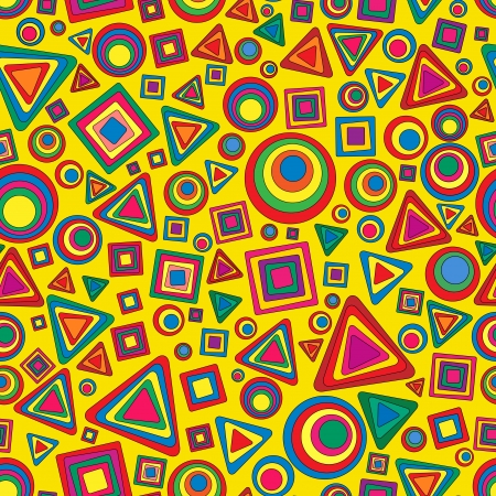 Seamless geometric texture with groups of colored squares, circles and triangles with rounded corners. Yellow background, you can change the background color on any otherのイラスト素材