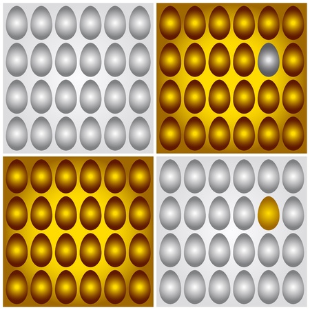 Four illustrations of different egg groups: gold on the golden, silver on the silver, and also unique conceptual pictures of one golden among many grayish and one gray among many goldenのイラスト素材