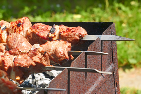 Shashlik (shish kebab) prepared on the metal skewers outdoorの写真素材