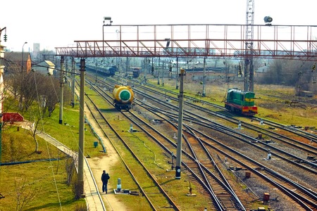 KHMELNYTSKY, UKRAINE - MARCH 23, 2014: Infrastructure near a railway station. Cloudy spring day. Khmelnytsky is one of the regional centers in Central and Western Ukraine and an important railway junctionのeditorial素材