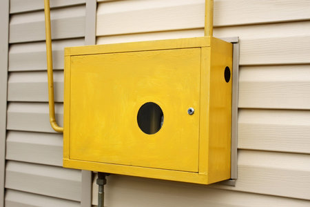 Yellow metal box with a gas device inside hanging outdoors on the wall of a residential building...