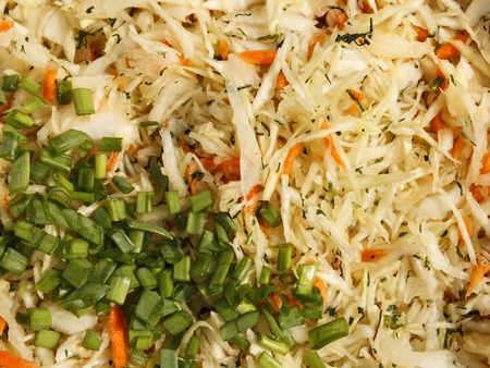 Mixture of ingredients for preparing a salad with finely chopped cabbage, carrots, dill and green onions close-upの写真素材