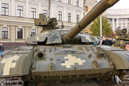 KYIV, UKRAINE - OCTOBER 17, 2015: Exhibition of military equipment "Power Unconquered" in October 17, 2015 on St. Michael's square in the downtown of Kyiv, Ukraine. Tank Bulat close-upのeditorial素材