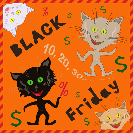 Amusing caricatured funny cats announcing a Black Friday, cartoon vector illustration with orange backgroundのイラスト素材
