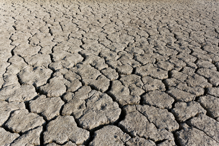 Grey cracked soil surface of dried lake in hot summertimeの写真素材