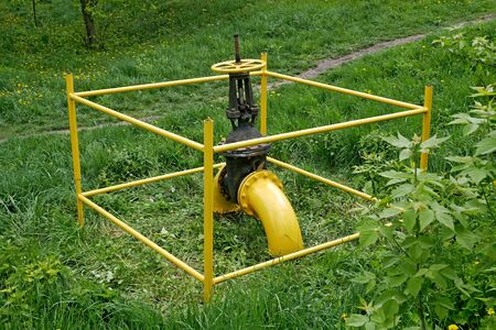 Large gas valve on the gas pipe outside among green grass and shrubs in springtimeの写真素材