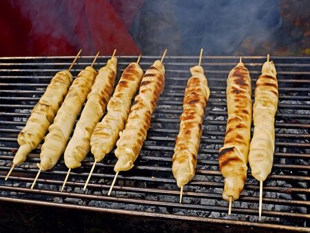 Meat dish wrapped in dough around wooden sticks is grilled on the iron bars over a smoldering fire, close-upの写真素材