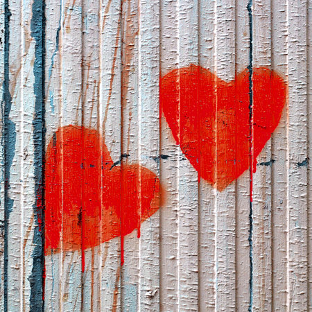 Two bright red hearts drawing on an old wooden fence painted in white, Valentine concept love...