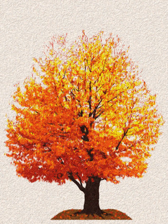 Illustration of autumn cherry tree on light beige background as oil paintingの写真素材