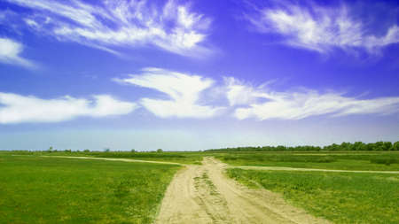 Rural sandy road among steppe grassland, beautiful cloudscape above meadow,  artistic structured patternの写真素材