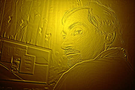 Man sits in a half-turn on a computer monitor, artistic pattern, art illustration in golden huesの写真素材