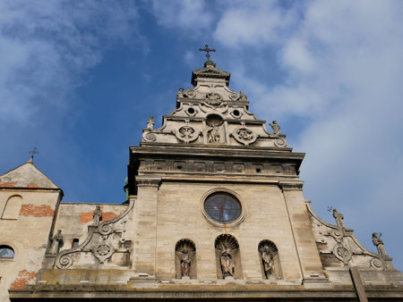 Shield-pediment of the church of Saint Andrew in Lviv, Ukraine, old town