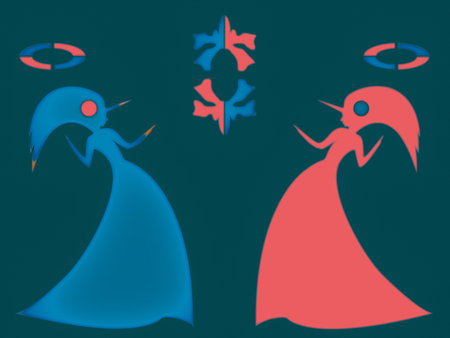 Pair Unicorn Women with symbol and accessories as a concept of unity and struggle opposites, stylized silhouettes in blue and red colors on the dark turquoise backgroundの写真素材