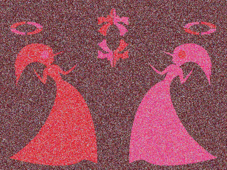 Pair Unicorn Women with symbol and accessories as a concept of unity and struggle opposites, stylized silhouettes, multicolor illustration with a predominance of red and pink colorsの写真素材