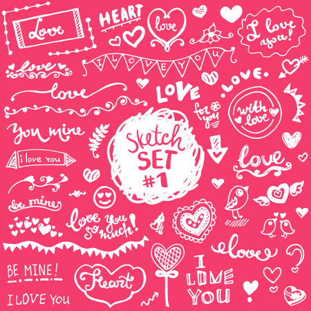 Hand-drawn set of vector elements, flowers and leaves, hearts and ornaments. Love theme.のイラスト素材