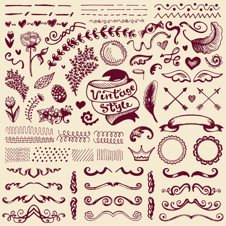Hand-drawn set of vintage elements, flowers and leaves, ribbons and ornaments. Vector illustration.のイラスト素材