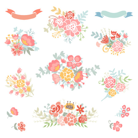 Wedding vintage elements collection. Romantic hand drawn floral set with flowers, leaves and ribbons. Romantic vector elements for card.のイラスト素材