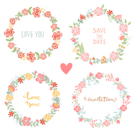 Wedding vintage elements collection. Romantic hand drawn floral frames set with flowers and leaves. Romantic vector elements with lettering for card.のイラスト素材