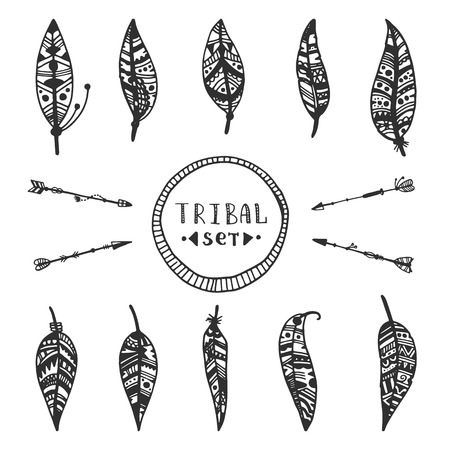 Tribal vector elements collection. Hand drawn indian illustration with arrows and feathers.のイラスト素材