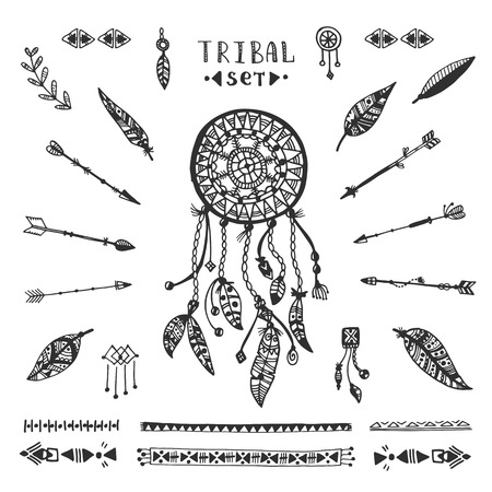 Tribal vector elements collection. Hand drawn indian illustration with dream catcher, arrows and feathers.のイラスト素材
