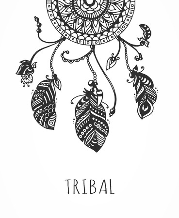 Tribal vector dream catcher with feathers. Hand drawn indian illustration. Vintage card.のイラスト素材