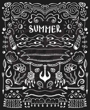 Vintage hand drawn summer elements collection. Vector sketch floral elements set. Illustration with flowers and leaves, sea theme.のイラスト素材