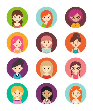 Collection of different round avatars with women. Vector illustration with cute women, flat style. Women in different dress styles.のイラスト素材