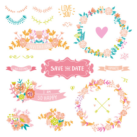 Wedding vintage elements collection. Romantic hand drawn floral set with frames, flowers, leaves and ribbons. Romantic vector elements for card. Save the Date and Invitation.のイラスト素材
