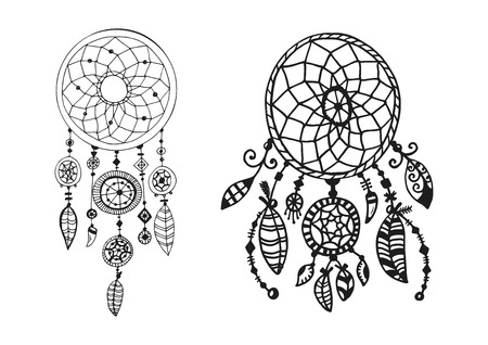 Tribal vector dream catcher with feathers. Hand drawn indian illustration. Vintage poster.のイラスト素材